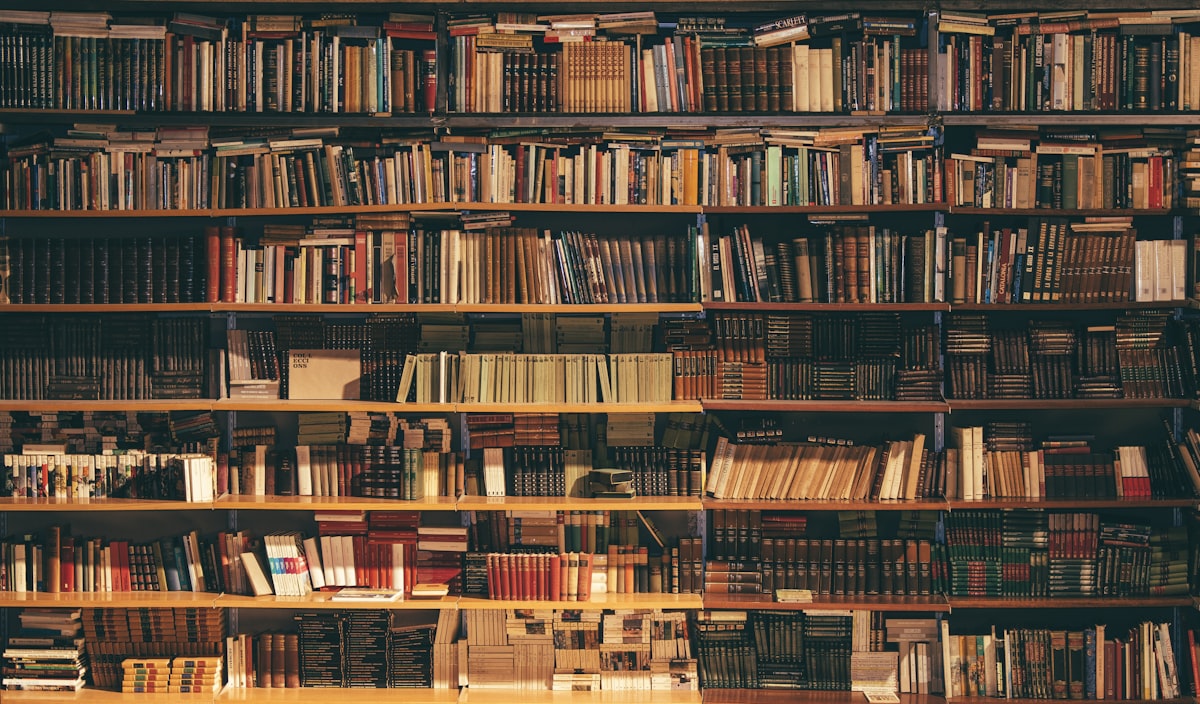Prateleiras densas de livros iluminadas
